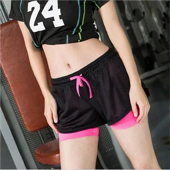 

Fashion Yo-ga Summer Women Cotton Mesh Short Pants Work-out Two Layer Fitness Fold Pants Cool Wear Drawstring Clothing WD46