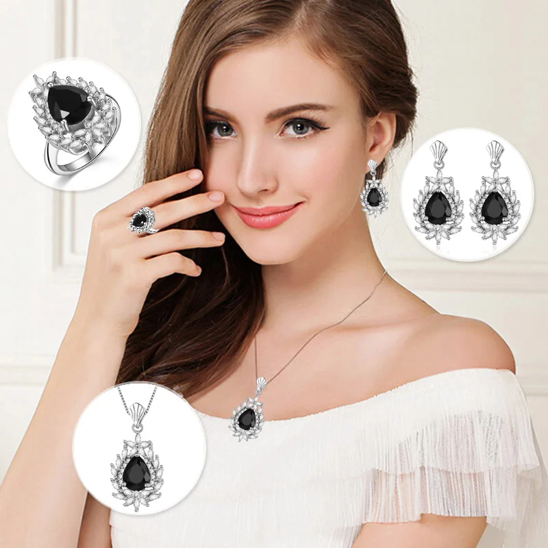 HONGYE Bohemia Elegant Water-drop Jewelry 925 Sterling Silver Colorful CZ Crystal Flower Necklace&Earring&Ring Set for Women HONGYE Bohemia Elegant Water-drop Jewelry 925 Sterling Silver Colorful CZ Crystal Flower Necklace&Earring&Ring Set for Women