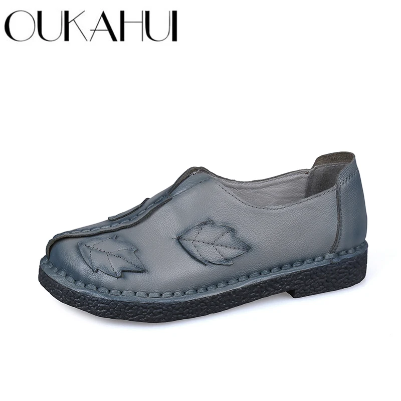 OUKAHUI Spring/autumn Chinese Fashion Style Genuine Leather Shoes Women Flats Leaves Hand-made Slip-on Casual Flat Mother | Обувь