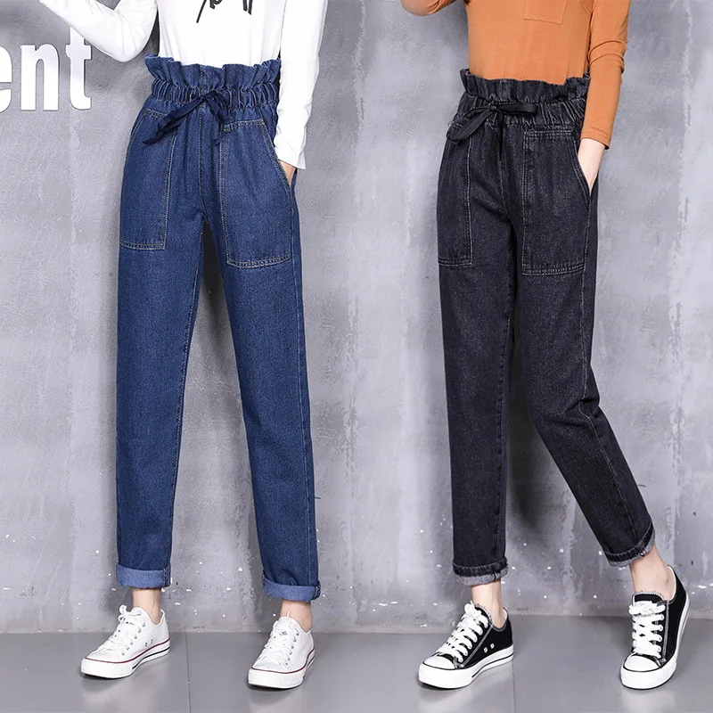 2018 Autumn winter new flower buds loose waist curling jeans women street fashion girls pants black high waist boyfriend jeans
