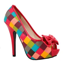 LF30472 Sexy Multi Coloured Check Tartan Bow Platform Stiletto Shoes Size 4 5 6 7 8
