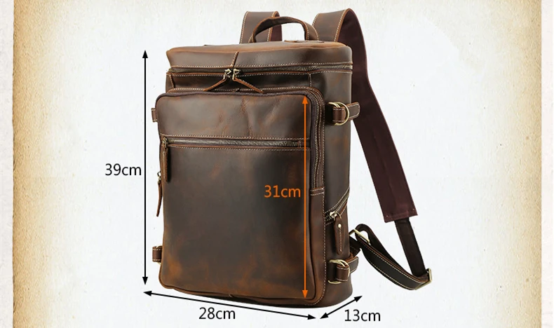 Affichage des tailles du sac à dos pour ordinateur portable Woosir en cuir vintage pour hommes de 15,6 pouces