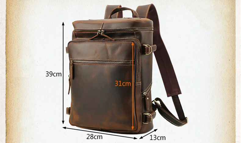 Größenanzeige des Woosir Herren-Laptop-Rucksacks aus Vintage-Leder mit 15,6 Zoll