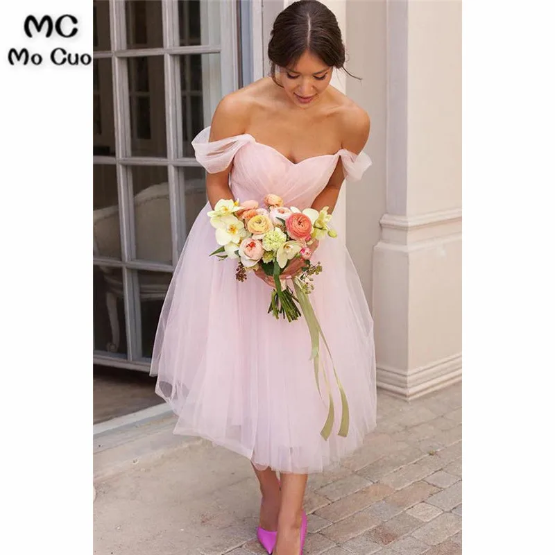 Off-shoulder Pink Short Bridesmaid Dress