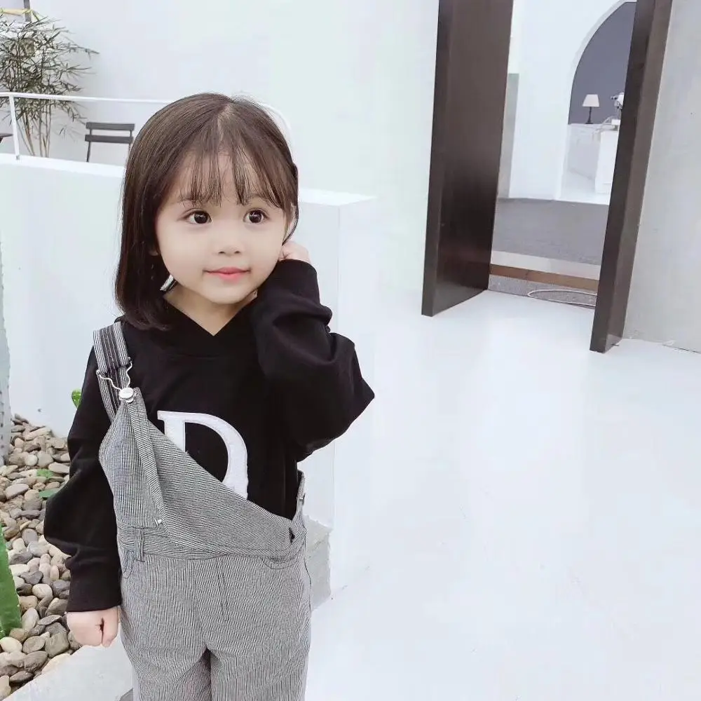 

High-End Customized Outfits Children's Black Sweatshirts match narrow Stripe Rompers Pants for Girls and Boys Casual Hoodies