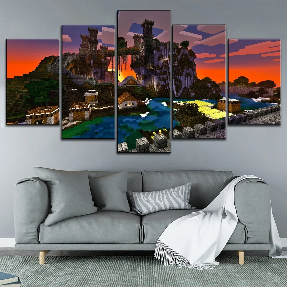 

Building Landscape Painting One Set 5 Piece Modular Style Picture Modern Decor Wall Artwork Canvas Print Game Minecraft Poster