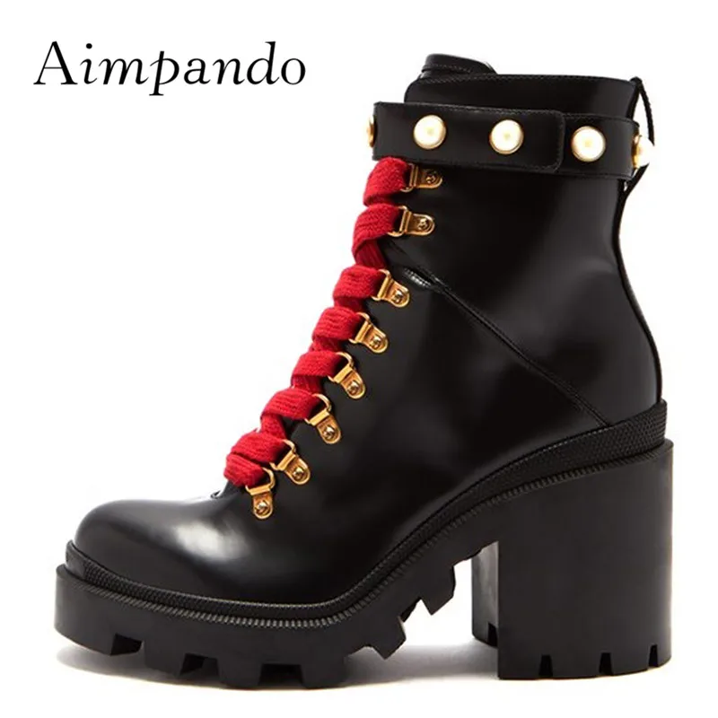 

2019 Real Leather Black Ankle Boots Women Round Toe Mixed Color Pearl Rivet High Heel Boots Woman Fashion Martin Boots