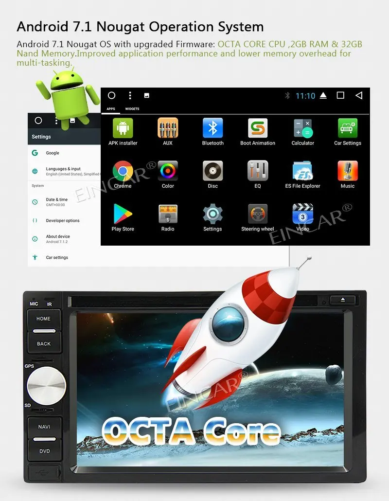 Eincar Android 7 1 Восьмиядерный автомобильный стерео 2 ГБ + 32 6 &quotдвойной Din Авторадио