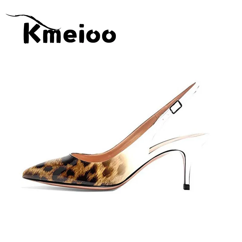 Kmeioo/пикантные женские туфли-лодочки с леопардовым принтом на тонком каблуке, женская обувь для вечеринок, Брендовые женские туфли-лодочки с острым носком и ремешком на щиколотке, большие размеры - Цвет: Leopard White-patent