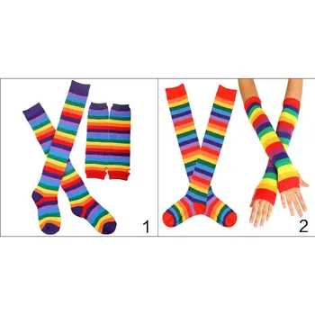 

Unisex Knitted Fingerless Gloves Socks Set Rainbow Stripes Printed Colorful Thigh High Stockings Elbow Warmer Mittens Party