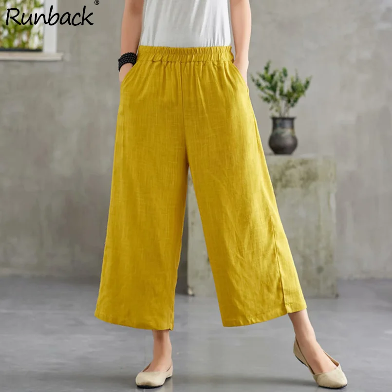 

Runback Summer Linen Pants Plus Size Elastic Waist Casual Summer 2019 Loose Wide Leg Pants Beach Boho Pants Pantalon Cuir Femme