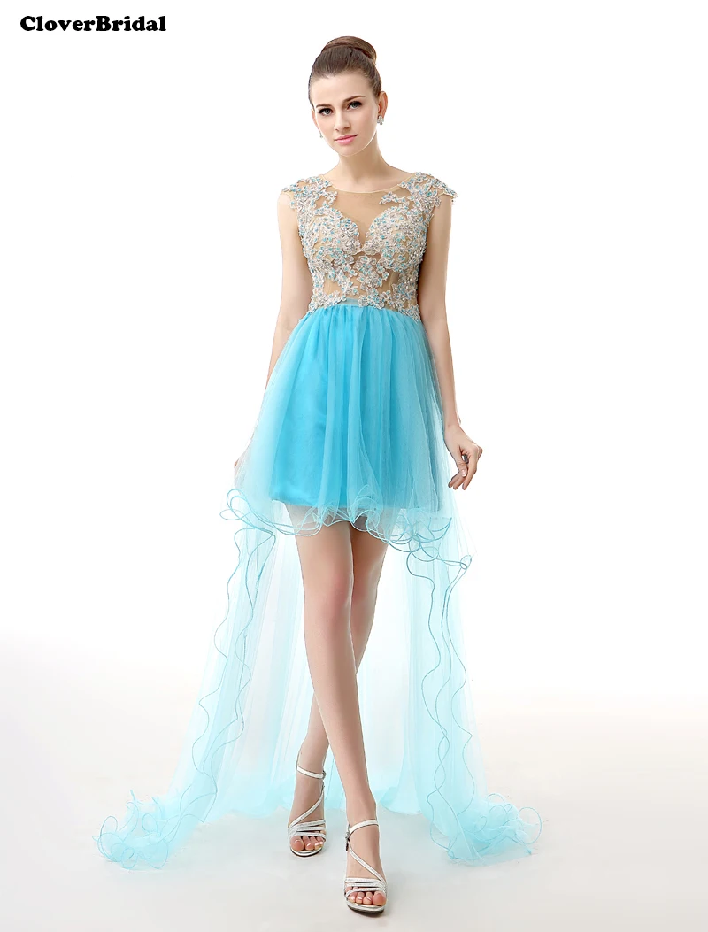 2017 платья CloverBridal с аппликацией из бисера сетчатые синие высоким и низким вырезом