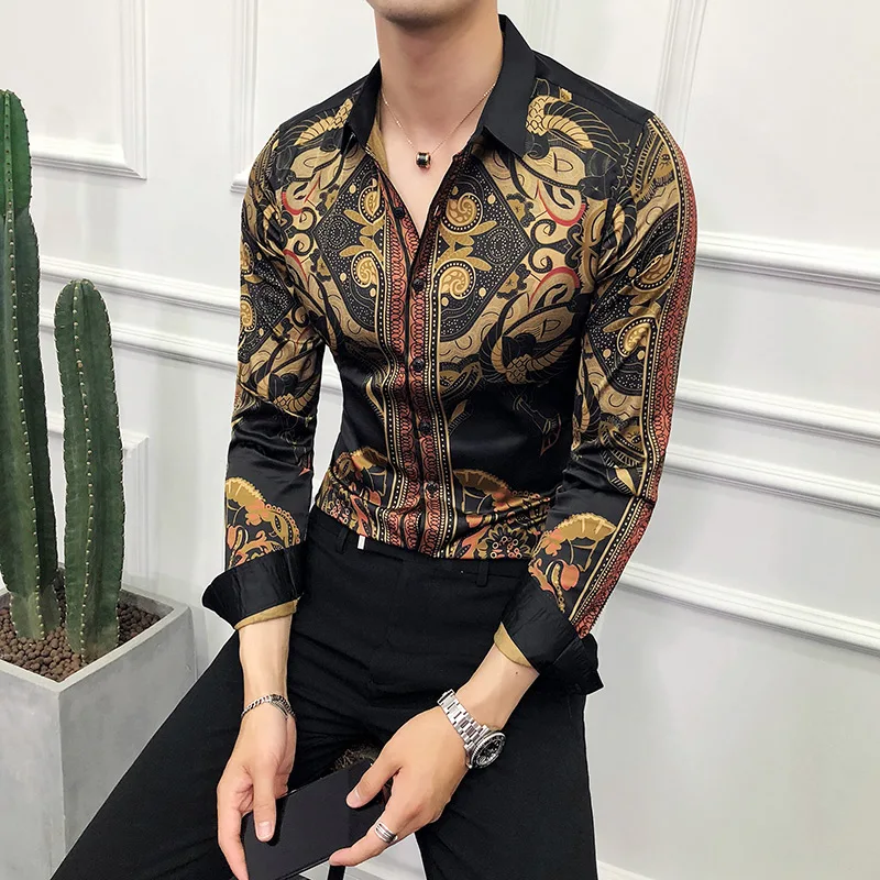 

Luxury Gold Black Shirt Men 2019 Autumn New Slim Fit Long Sleeve Camisa Masculina Chemise Homme Social Men Club Prom Shirt Dress