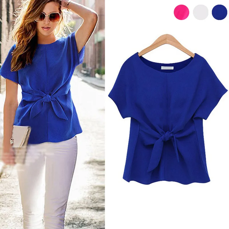 Fashion Ladies Short Sleeve Sexy Blouse Lace-up Chiffon Solid Color Shirt Elegant Ladies Blouses Women Tops Blusas Feminino