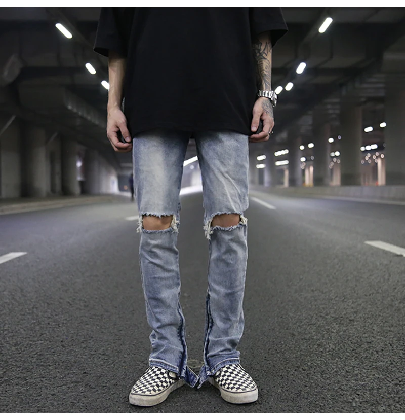 Хип-хоп новые суровые стирки воды светло-голубые Ретро молния джинсы мужские отверстие в стиле Джастина Бибера Стиль Мода Jogger джинсы
