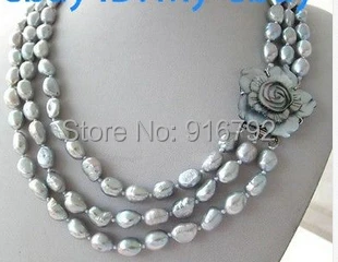 

YH@CS >>>3 Strands Gray Baroque Freshwater Pearl Necklace Shell Flower Clasp