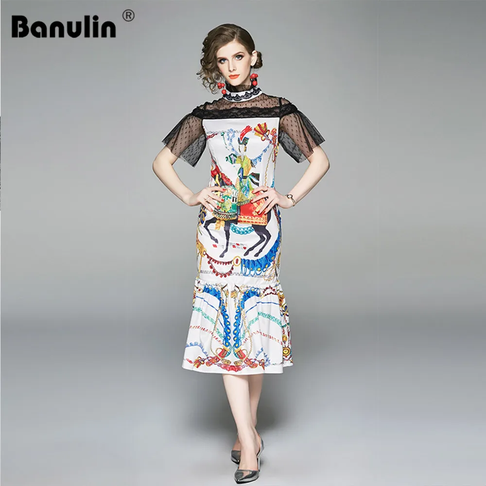 

Banulin 2019 Fashion Runway Summer Dress Women's Vintag Floral Print Ruffles Lace Patchwork Mermaid Party Sexy Dress Vestidos