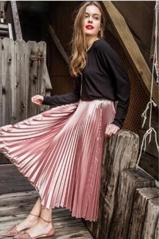 Модная розовая плиссированная юбка длиной до щиколотки для взрослых, стильная Женская Длинная пляжная юбка на молнии с высокой талией, винтажная эластичная атласная юбка на заказ
