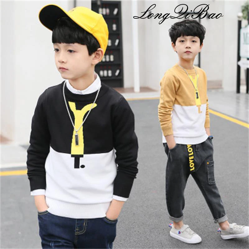 

High quality spring and autumn new Korean children's color matching pullover sweater 2018 cartoon boy round neck sweater