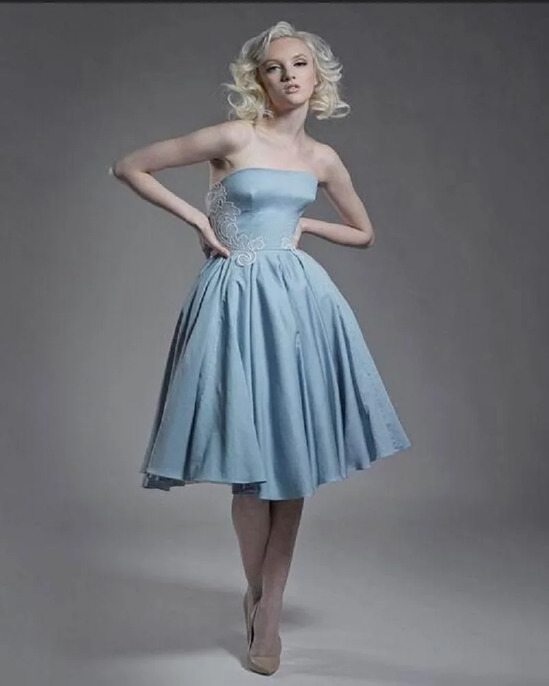 

2016 Newest Cheap Sexy A Line Appliques Strapless Taffeta Cocktail Dresses in Light Sky Blue Knee Length