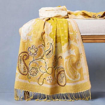 

Indian handmade beaded embroidered paisley pattern Nepal boiled wool scarf shawl warm bright yellow 1 order= 1 pc