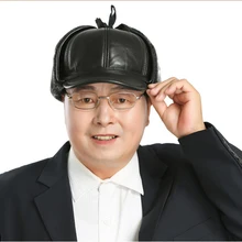 Новинка, русская кожаная Кожаная Шапка-бомбер, мужские зимние шапки с наушниками, шапка-ушанка, Мужская Черная шапка с искусственным мехом