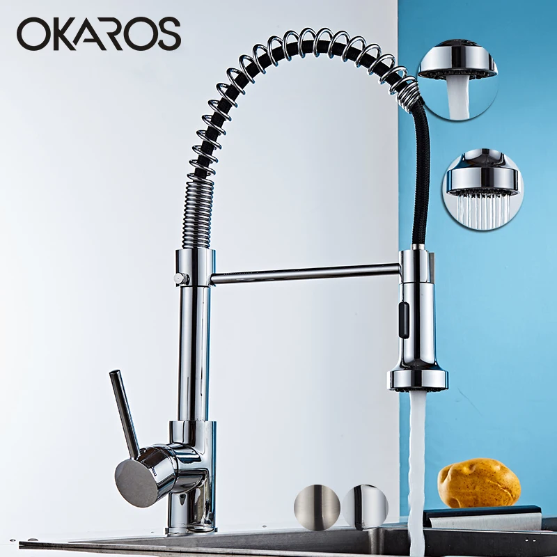  OKARO Chrome Finished Kitchen Faucet Pull Out Spring Style Swivel Dual Sprayer Outlet Nozzle Water  - 32845665475