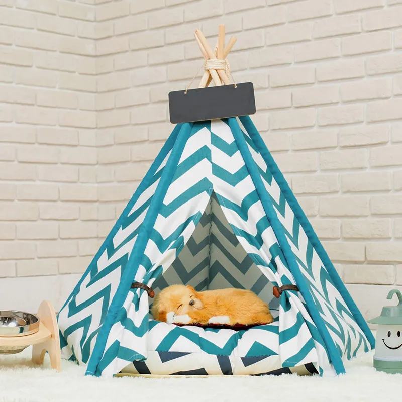

Pets Teepee Dogs Cats Rabbits Bed Cotton Canvas Portable Striped Pet Tents Houses with Cushions MYDING