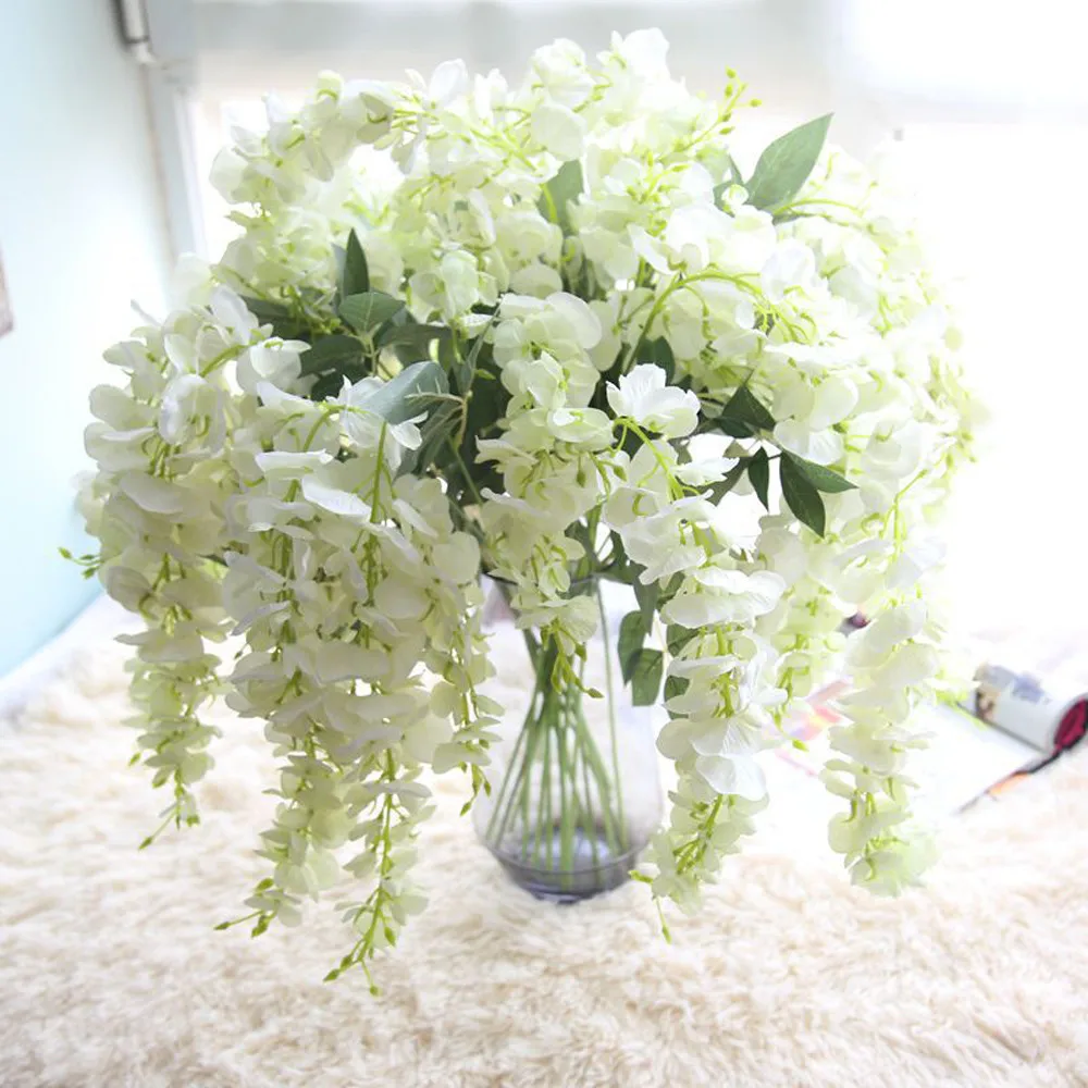 

flowers artificial Artificial Silk Wisteria Fake Garden Hanging Flower Plant Vine Wedding Decor White apr26