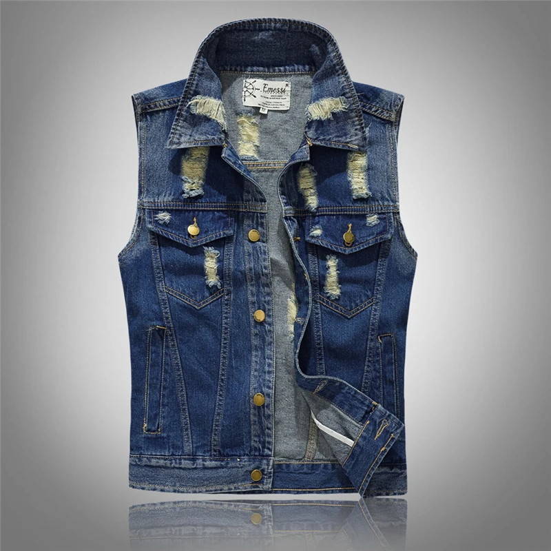 Fashion Male Denim Vest Men Hole Sleeveless Jean Jacket Ripped Plus Size Waistcoat Pockets Free