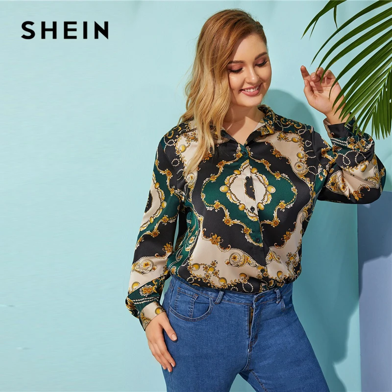  SHEIN Plus Size Multicolor Scarf Print Satin Shirt Blouse 2019 Women Spring Fall Classy Button Coll