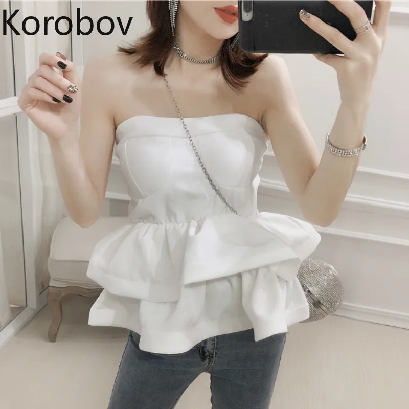 

Korobov Summer New Sexy Women Blouses Slash Neck Off Shoulder Sleeve Tube Top Shirts Elegant Ruffles Korean Slim Blusas 77434