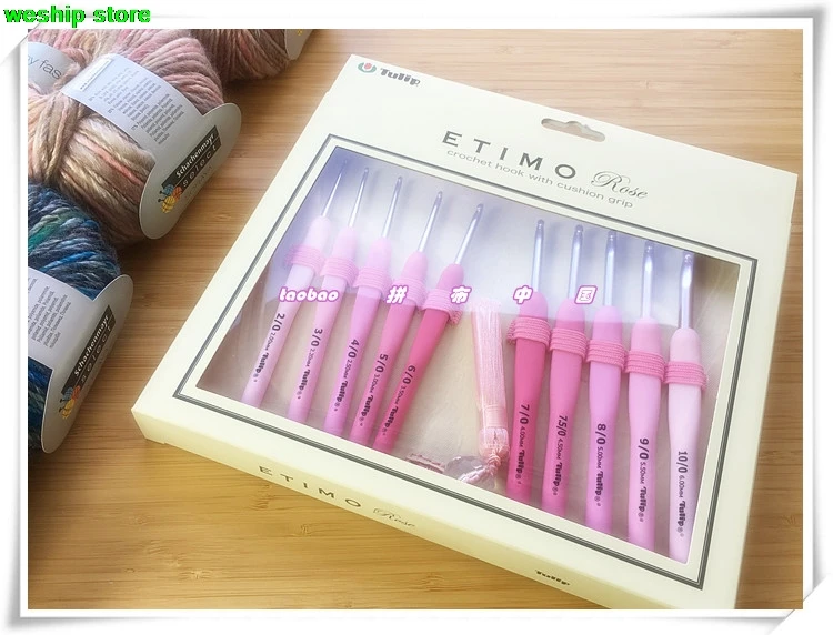 

JP TUlip ETIMO pink rose crochet hook with cushion grip includ 10 pcs of hooks