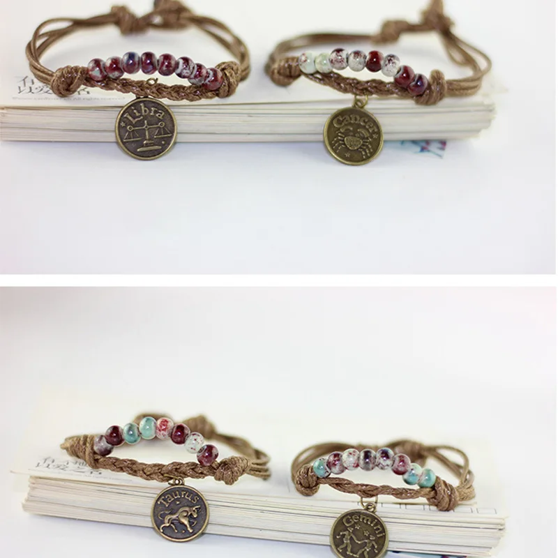 12 Constellations Charm Bracelets Ceramic Beads Double Weave Rope Chain