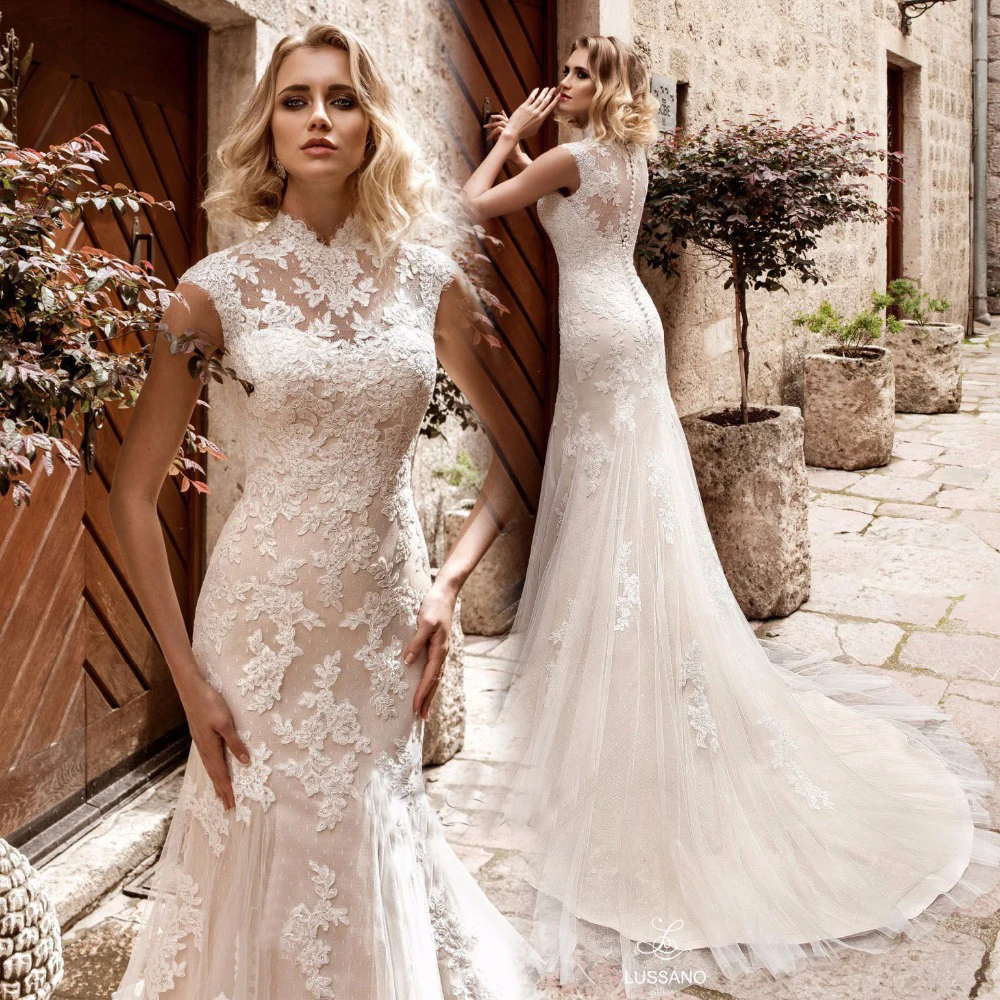 Robe-de-mariage-Sexy-Mermaid-Wedding-Dresses-2017-High-Neck-Cap-Sleeve-Court-Train-Applications-Tulle