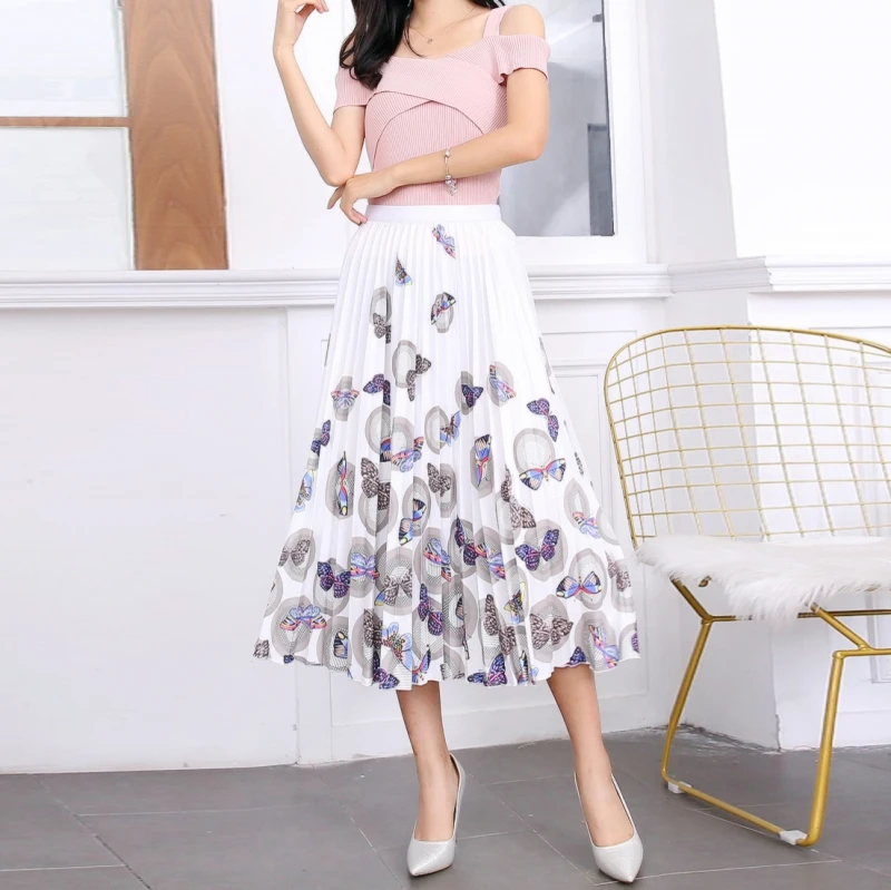 New Fashion Floral Print High Waist Elastic Streetwear Summer Skirts Women Pleated Mid-Calf Swing Party Skirt Indie Folk - Цвет: 1095-018