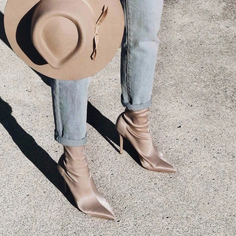 

2019 Luxury Design Women 11cm High Heels Fetish Silk Sock Boots Stiletto Heels Stretch Ankle Boots Scarpins Prom Spring Shoes