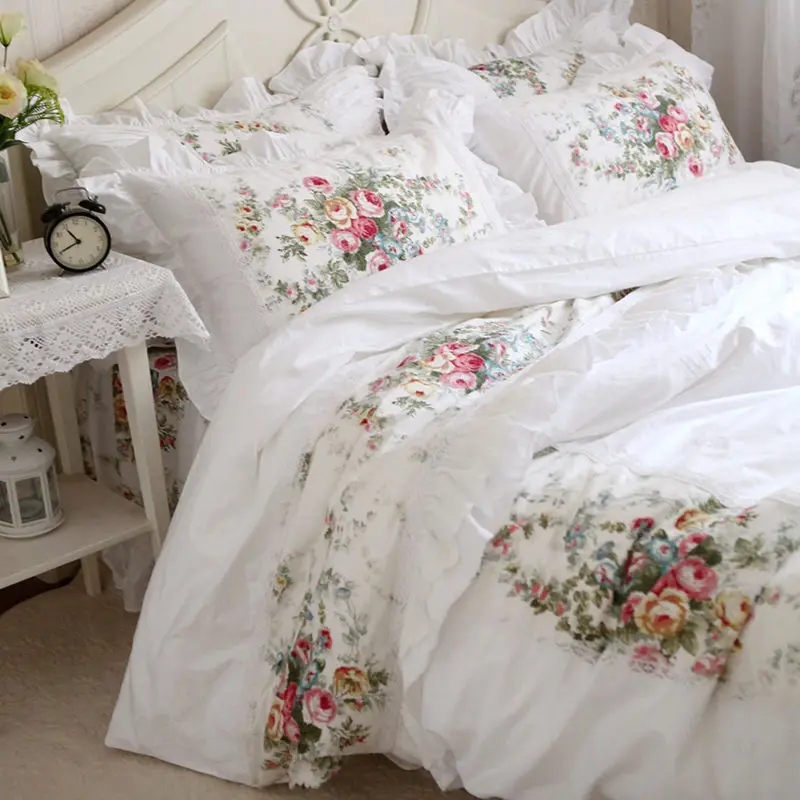 

Pastorale Ruffle Lace Bedding Set Elegant Princess Bedding Matching Duvet Cover Flower Printed Bedspread Emboridery Bedsheet