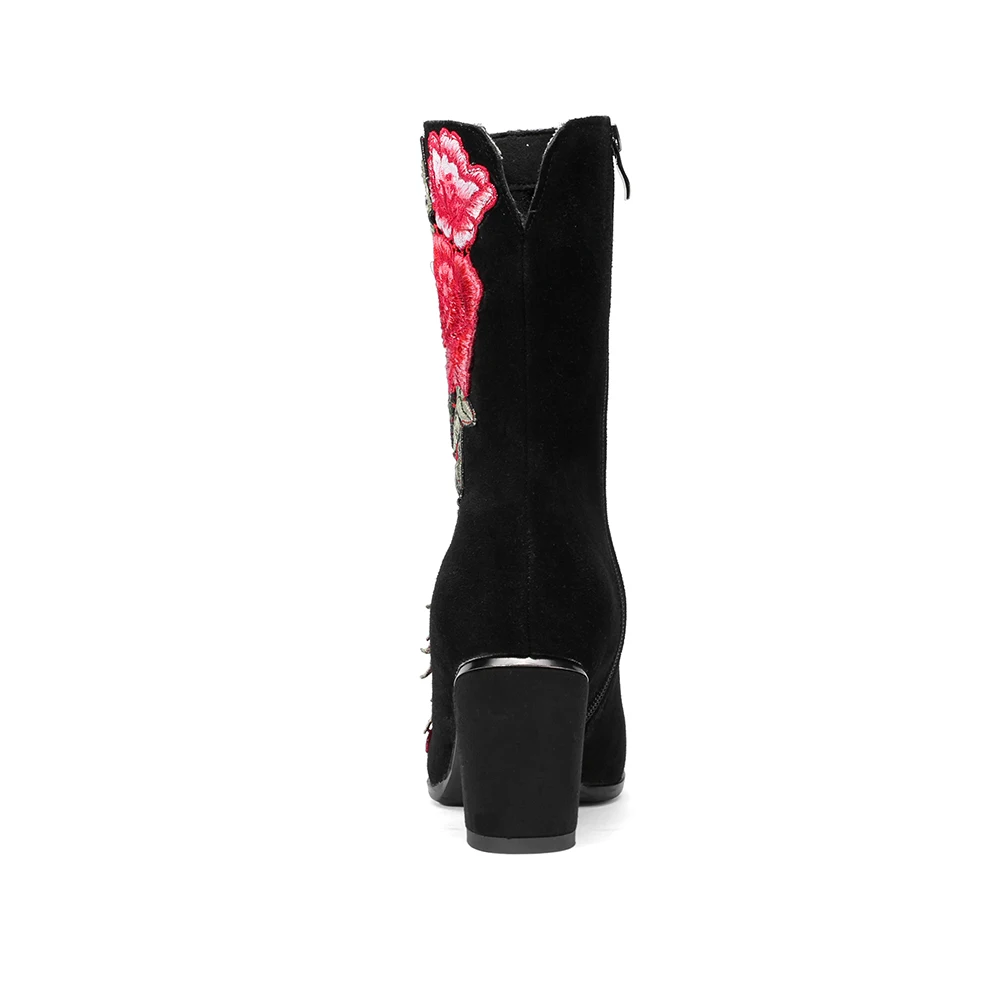 Mi Short Automne Troupeau Pigskin Sur Hiver Kickway Glissent Inside Loisirs Épais Plush Fleurs Broderie Med Femmes Bout Rond Dames Talon mollet black Bottes Black AR534jqL