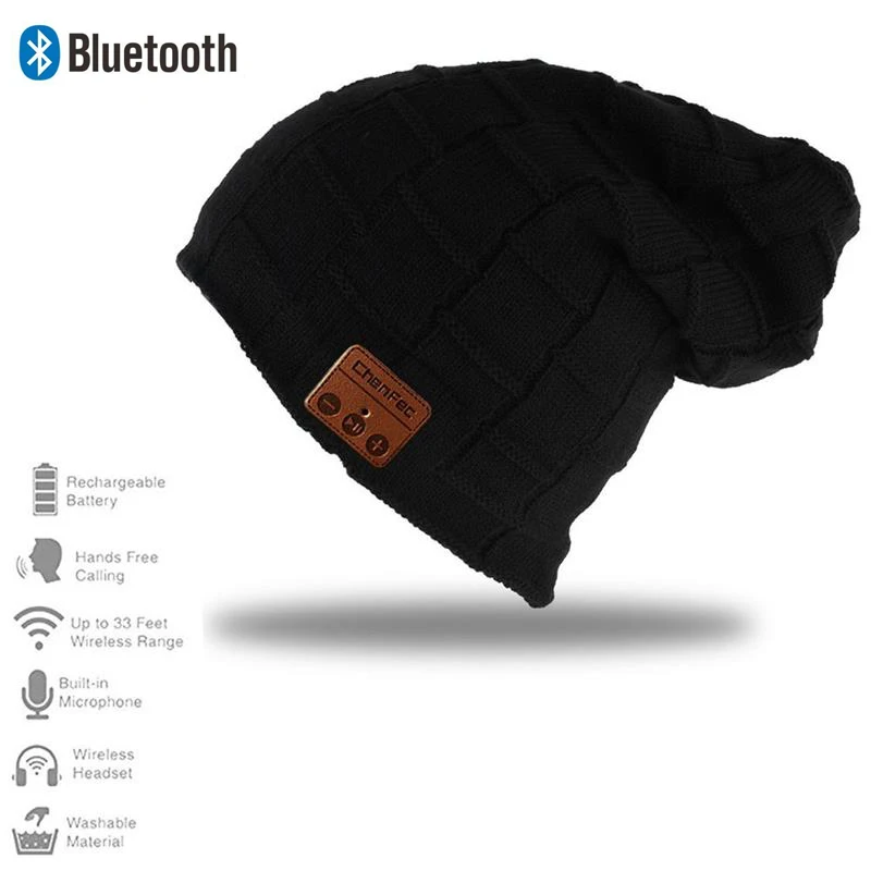 Bluetooth 4,2 Шапка-бини, беспроводная Bluetooth гарнитура, наушники, мягкий теплый стерео динамик, свободные руки для мужчин и женщин - Цвет: Big grid-Black