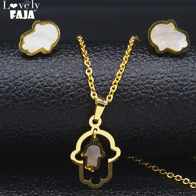 

2019 Hamsa Hand Stainless Steel Shell Necklace Earrings Sets for Women Gold Color Set Jewelry acero inoxidable joyeria S17873