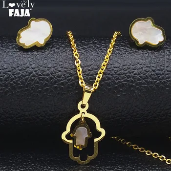 

2020 Hamsa Hand Stainless Steel Shell Necklace Earrings Sets for Women Gold Color Set Jewelry acero inoxidable joyeria S17873