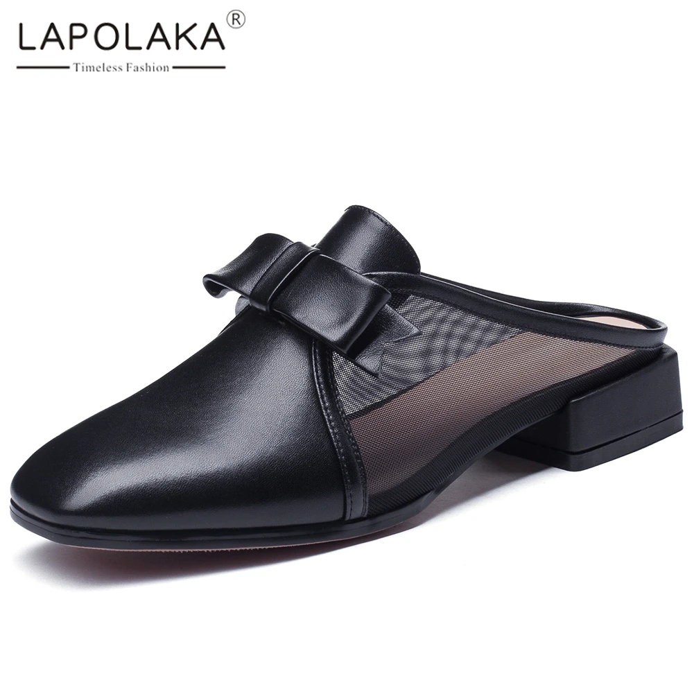 

Lapolaka 2019 New Fashion Genuine Leather Bowtie Square Heels Mules Pumps Female Shoes Women Slip On Hot Pumps Woman Shoes