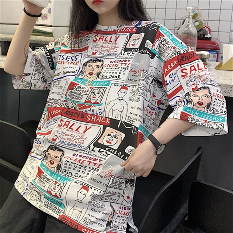 Женская летняя футболка в стиле Харадзюку, хип-хоп, женские повседневные свободные футболки, женские топы в Корейском стиле с коротким рукавом и мультяшным принтом