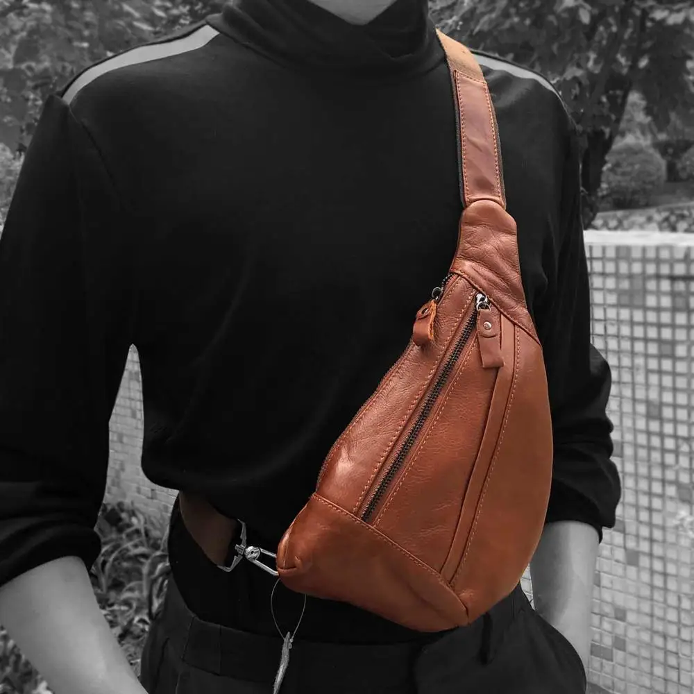 

Mens Cuasual Genuine Leather Biker Front Chest Bag Backpack