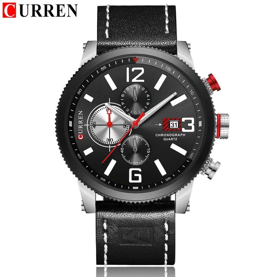 Brand New Fashion Quartz Men's Watch Chronograph Dial and Date Window Casual Business Wristwatch CURREN Leather Clock For Man - Цвет: black silver black