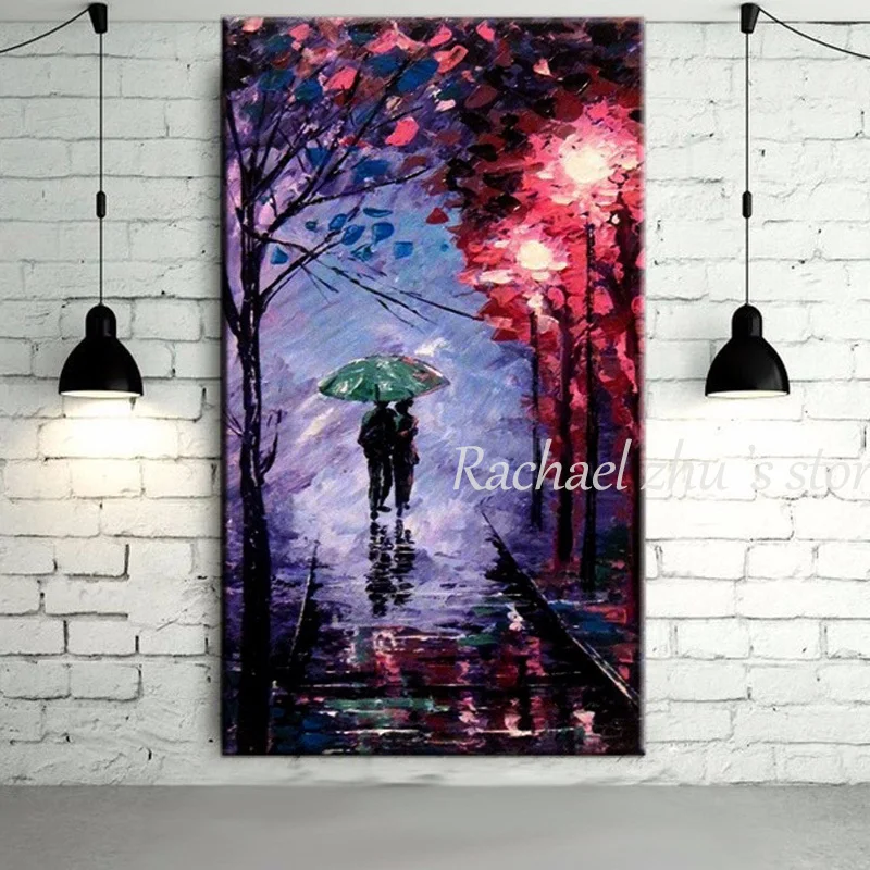 

Hand Painted Abstract Rainy Night Couples Walking Pictures Oil Paintings On Canvas Wall Pictures Wall Art Living Room Home Decor