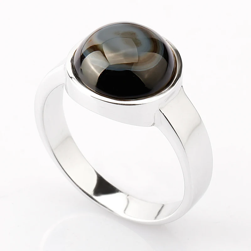 925 пробы, серебряное мужское кольцо, винтажное, Круглый, черный, большой натуральный камень, простой стиль, для мужчин и женщин, для влюбленных, свадебные украшения