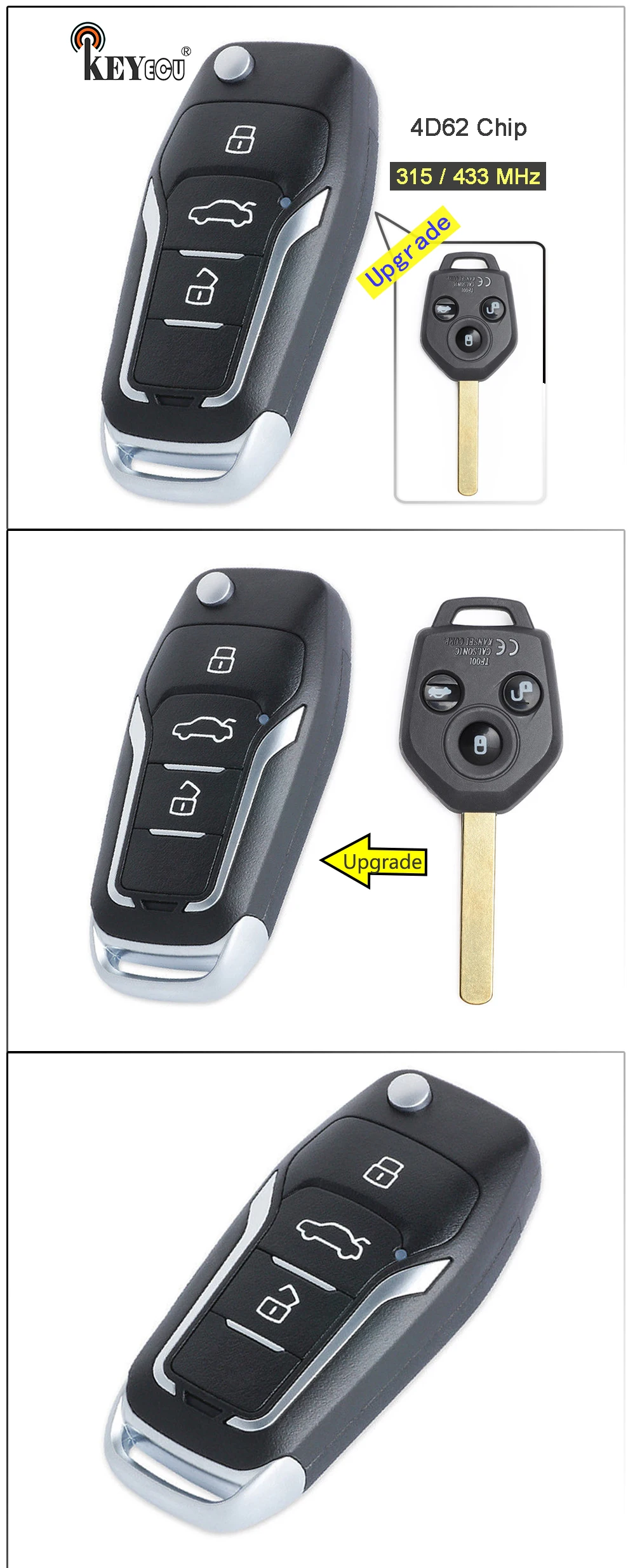 KEYECU 315/433 МГц 4D62 чип обновленный Флип складной 3 кнопки дистанционного ключа брелок для Subaru Forester 2008 2009 2010 2011 2012