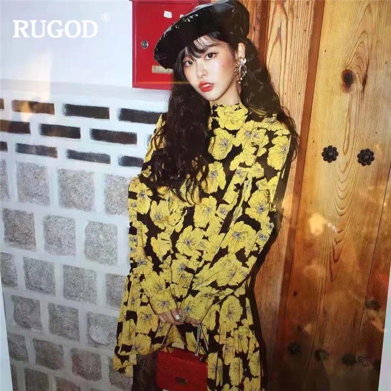 

RUGOD Print Vintage Women Dress Straight Chic Stand Neck Mani Dress 2019 Casual Spring Dress dresses woman party night